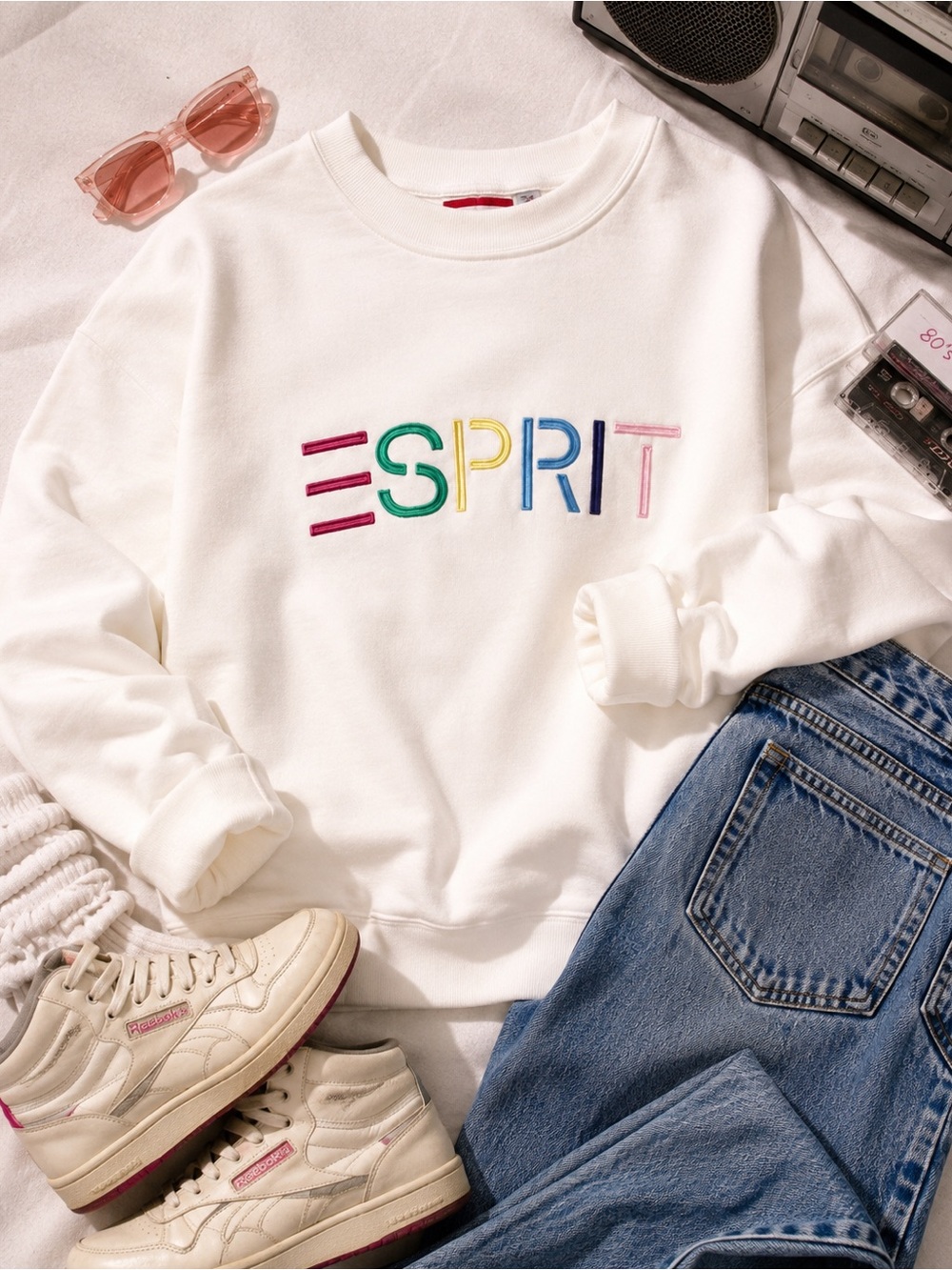 Esprit Retro 80s Cream Embroidered Rainbow Logo Viral Crewneck Sweatshirt XL NWT - Picture 2 of 14